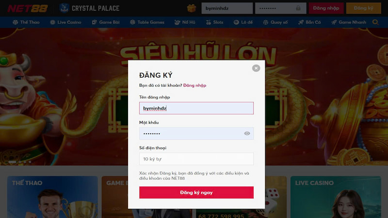 giao diện đăng ký Net88